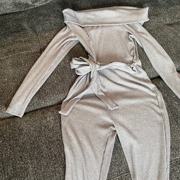 Sky grey off the shoulder jumpsuit - Picture 2 of 4